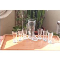 Extrem Seltenes Set Von 7 Stück Dekanter Und 6 Gläser Schweres Glas Boot Form Likör Vintage Italien 1960Er Jahre Küche Geschirr von ItalyVintageDream