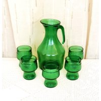 Vintage Italien 1960Er Set Von 5 Grünen Glas Tumblers Weingläser Wasser Eistee Und Krug Textur Wie Der Baum Geschirr Hof von ItalyVintageDream