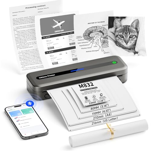 Itari Bluetooth Mobiler Drucker, Thermodrucker A4 Inkless Portable Printer- Neues Upgrade 300DPI Drucker Klein für Handy, Tragbarer Drucker für Unterwegs Unterstützt Mehreren Größen Thermopapier von Itari