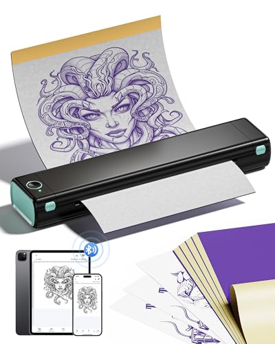 Itari M08F Tattoo Drucker, Thermodrucker Tattoo für A4 Papier mit 10pcs Tattoo Papier, Tattoo Printer Tattoo Stencil Drucker Bluetooth mit IPad & Phone & PC, Schwarz Grün von Itari