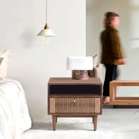 Mid-Century Nachttisch - Massivholz Mit Schublade Handgemachter Moderner Aus Mangoholz Jute Und Offenem Regal Mid-Century Nachttisch - Massivholz Mit Schublade Handgemachter Moderner Aus Mangoholz Jute Und Offenem Regal von Itauti