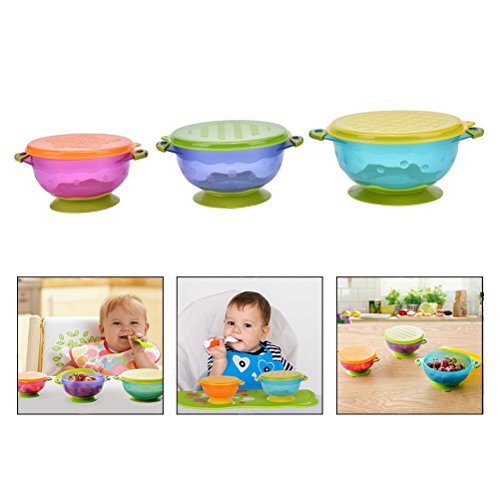 Itian 3 Stück Schüssel mit Saugnapf, Baby Geschirr Rutschfestes mit Hermetischer Deckel, Baby Schale Kinderteller Babyteller Saugnapf Baby Bowl BPA-Frei Für Baby und Kleinkind (Blau+Grün+Lila) von Itian