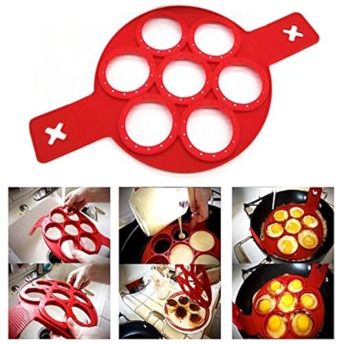 Itian Pfannkuchen Form, Omelett Eierring Wiederverwendbare, Non Stick Eierformer 4 Löcher, Silikon Ei Ring Runde für schnelles und einfaches Basteln von Eier (Rot) von Itian