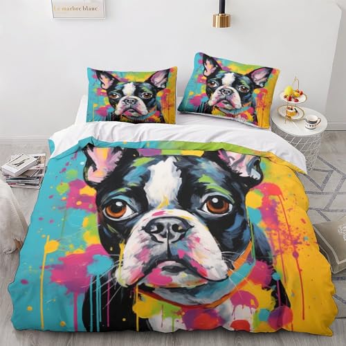 ItoMen Boston Terrier Dog Boston Terrierhund 3D Bettwäsche Set 3teilig Mit Reißverschluss Weiche Microfaser Cartoon Animals Tiere Bettbezug Mit Kissenbezug Für Erwachsene Kinder Double（200x200cm） von ItoMen