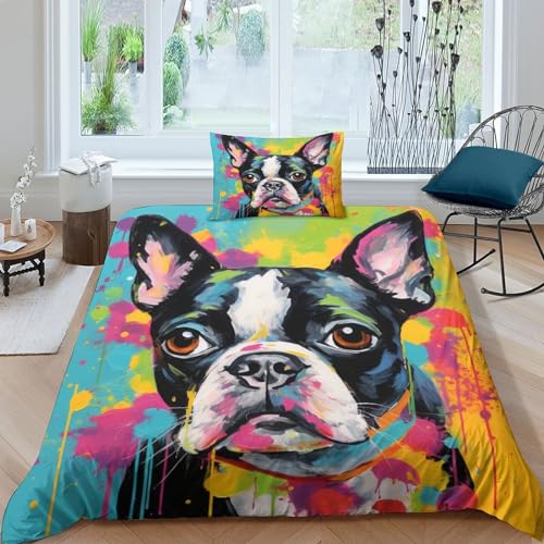 ItoMen Boston Terrier Dog Boston Terrierhund Bett Set 3D Bettwäsche Sets Microfaser Cartoon Animals Tiere Bettbezug-Set Kissenbezug 2 Teilig Mit Reißveschluss Kinder Teenager Single（135x200cm） von ItoMen