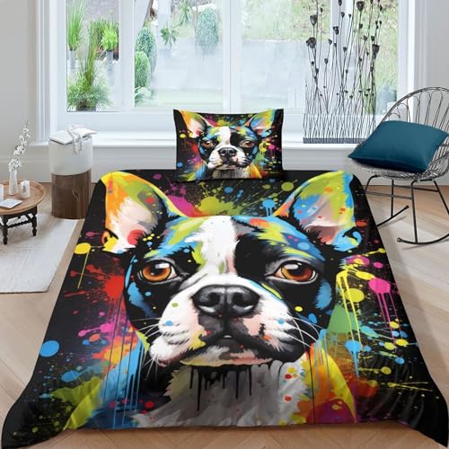 ItoMen Boston Terrierhund 3D-Druck Bettwäsche Set Cartoon Tiere Bettbezug Set Weiche Microfaser Mit Reißverschluss Und Kissenbezug Bettdeckenbezug Für Erwachsene Kinder 2 Teilig Single（135x200cm） von ItoMen