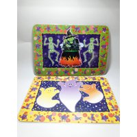 Vintage Halloween Herbst Ernte Doppelseitige Platzsets Set Von 2 Hexen Skeletten Geist Kürbisse & Weizen | Regal von ItsNewLife