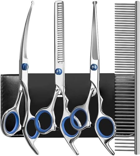 Hundeschere Fellschere Hunde, 6 Zoll Profi Hunde Schere Hundepflege Set aus Edelstahl mit Runder Sicherheitsspitze, 5 in1 Haustierschere für Hundehaare Inkl Ausdünnen, Gerade, Gebogene Schere von ItsyFox
