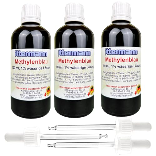 3x 100 ml Ittermann Methylenblau, 1%, Fertiglösung aus hochgereinigtem Wasser (Ph.Eur.) und 1% Methylenblau (reinst USP Pharmaqualität) - in Braunglasflasche + Glas-Pipette - Made in Germany von Ittermann