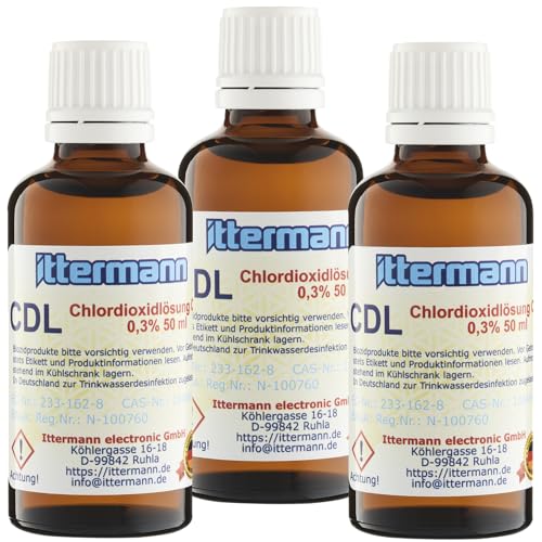 Ittermann CDL 3 x 50 ml 0,3% Chlordioxid-Lösung - CDs - frische Fertiglösung - Braunglasflasche - Pipette - Made in Germany - Zertifiziert nach Biozid-Verordnung - zur Desinfektion von Trinkwasser von Ittermann