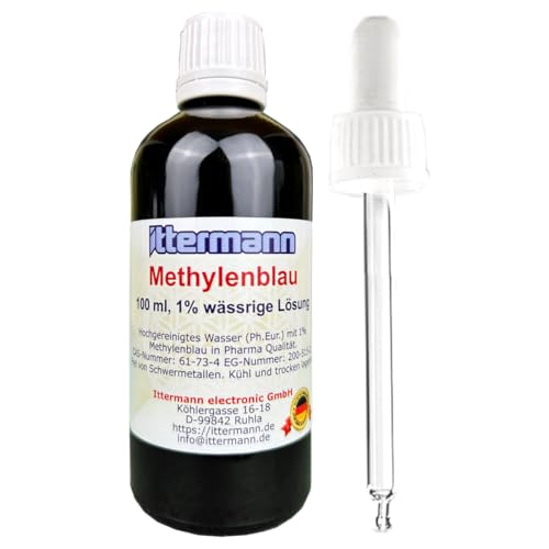 Ittermann Methylenblau, 1%, 100 ml-Fertiglösung aus hochgereinigtem Wasser (Ph.Eur.) und 1% Methylenblau (reinst USP Pharmaqualität) - Braunglasflasche - zusätzlich Glas-Pipette - Made in Germany von Ittermann