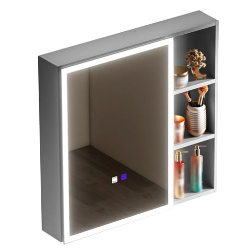 Badezimmer-Medizinschrank Aus Aluminium, Kleiner Badezimmerspiegelschrank Mit LED-Licht, Antibeschlagtaste, Weißer Toilettenschrank, Mit Internem Werkzeugaufbewahrungsbereich (Color : C, S : 70x68x1 von Ivan Tech