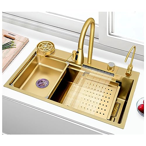 Goldfarbene Barspüle Für Die Küche, Mit Wasserfall-Wasserhahn, Trinkhahn, Tassenspüler Und Abflusssets, Große Goldene Küchenspüle Aus Edelstahl 304, Multifunktionale (S : 80x45x22cm) von Ivan Tech