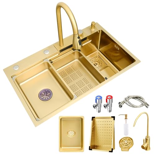 Goldfarbene Küchenbar-Spüle Mit Wasserfall-Design, Mit Ausziehbarem Wasserhahn, Abtropfkorb, Tassenspüle, Abflusssets, Küchenspüle Aus Edelstahl Für Arbeitsstationen(80x45x22cm) von Ivan Tech