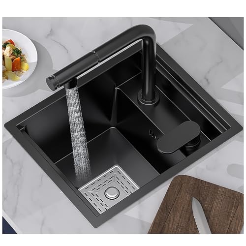 Schwarzgraues, Kleines Barspülbecken Für Die Küche, Mit Anhebbarem Und Ausziehbarem Wasserhahn, Spülbeckenabdeckung Und Abflusssets, Versenkbares Küchenspülbecken Aus Edelstahl (S : 42x43x22cm) von Ivan Tech