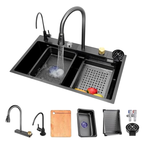Schwarzgraues Wasserfall-Spülbecken Mit Ausziehbarem Wasserhahn, Tassenspüler, Ablassknopf, Nano-Spülbecken Aus Edelstahl 304 Mit Kleinem Becken, Großes Barspülbecken (S : 80x45x21cm) von Ivan Tech