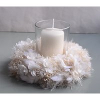 Trockenblumenkranz Kerzenkranz Tischschmuck in Weiß/Cremefarben Gebunden Boho Style von IvonneBohoflowershop