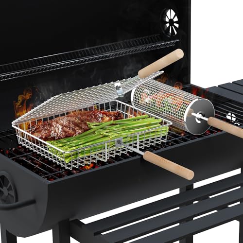 Ivtivfu Nestendes Rollendes Grillkorb Set mit Holzgriff (Eine Seite und ein Kreis), Rolling Grilling Basket, Grillnetzrohr für Den Außengrill für Gemüse, Grillkorb Edelstahl Zylindrisch, Grillnetz von Ivtivfu