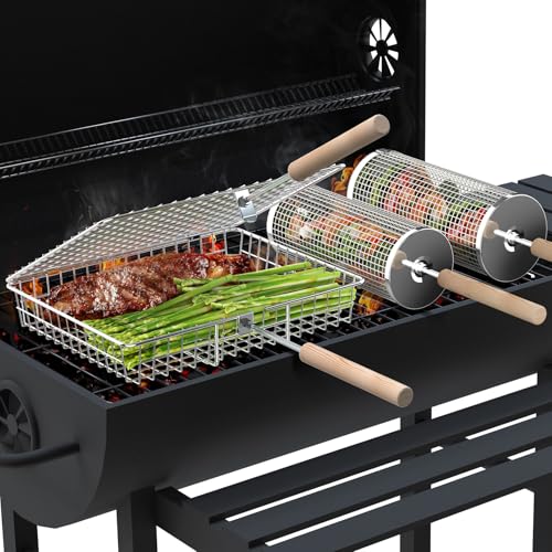 Ivtivfu Nestendes Rollendes Grillkorb Set mit Holzgriff (Eine Seite und zwei Kreise), Rolling Grilling Basket, Grillnetzrohr für Den Außengrill für Gemüse, Grillkorb Edelstahl Zylindrisch, Grillnetz von Ivtivfu