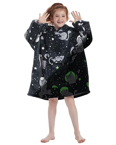IvyH Hoodie Sweatshirt Decke übergröße Bedruckte Tragbare Decke Flauschiger Oversized Hoodie mit Riesen-Fronttasche für Mädchen Jungen Kinder(Schwarze Katze) von IvyH