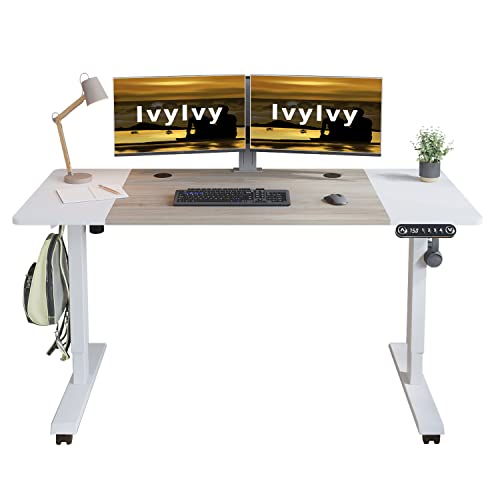 IvyIvy Höhenverstellbarer Schreibtisch (140 x 60 cm) Sitz- & Stehpult Schreibtisch Höhenverstellbar Elektrisch mit 4 Memory-Steuerung, Eiche & weiß Spleißbrett Tischplatte von IvyIvy