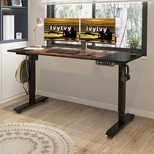 IvyIvy Höhenverstellbarer Schreibtisch (140 x 60 cm) Sitz- & Stehpult Schreibtisch Höhenverstellbar Elektrisch mit 4 Memory-Steuerung, Schwarz & Braun Spleißbrett Tischplatte von IvyIvy