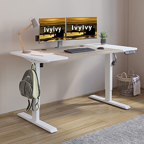 IvyIvy Höhenverstellbarer Schreibtisch (160 x 76 cm) Sitz- & Stehpult Schreibtisch Höhenverstellbar Elektrisch mit 4 Memory-Steuerung, Eiche & weiß Spleißbrett Tischplatte von IvyIvy