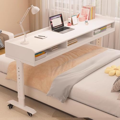IvyLoutish Beistelltisch mit Rollen, höhenverstellbar, aus verdicktem Stahlrahmen und Massivholz über dem Bett, Schreibtisch mit Schubladen für Krankenhaus und Zuhause (weiß, 120 x 40 cm) von IvyLoutish