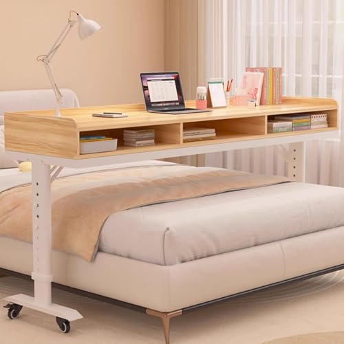 IvyLoutish Beistelltisch mit Rollen, höhenverstellbar, aus verdicktem Stahlrahmen und Massivholz über dem Bett mit Schubladen für Krankenhaus und Zuhause (natürlich, 120 x 40 cm) von IvyLoutish