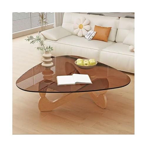 IvyLoutish Dreieckiger Couchtisch aus Glas, ovaler Couchtisch aus Glas, Mitte des Jahrhunderts, moderner Couchtisch, niedriger Wohnzimmertisch mit Holzsockel, transparenter Teetisch für Balkon (Holz + von IvyLoutish