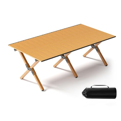 IvyLoutish Klapptisch, tragbar, aus Karbonstahl, mit Tragetasche für Camping, Wandern, Rucksackreisen, Outdoor-Klapptisch (Natur, 150 x 70 x 51 cm) von IvyLoutish