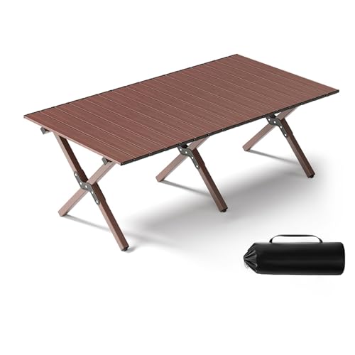 IvyLoutish Klapptisch, tragbar, aus Karbonstahl, mit Tragetasche für Camping, Wandern, Rucksackreisen, Outdoor-Klapptisch (braun, 150 x 70 x 51 cm) von IvyLoutish