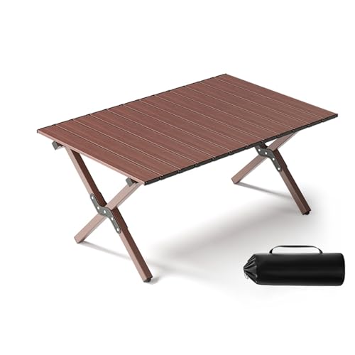 IvyLoutish Klapptisch, tragbar, aus Karbonstahl, mit Tragetasche für Camping, Wandern, Rucksackreisen, Outdoor-Klapptisch (braun, 90 x 60 x 42 cm) von IvyLoutish