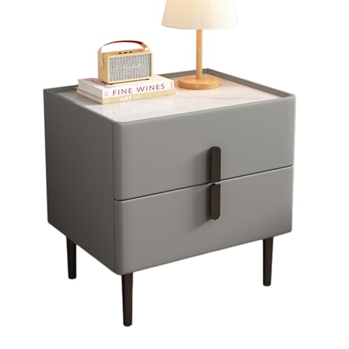 IvyLoutish Moderner Nachttisch mit 2 Schubladen, geriffelter Nachttisch, Kommode mit Metallbeinen und Metallgriffen, Lederoberfläche, Holzbett, Beistelltisch für Schlafzimmer, Wohnzimmer (Nullgrau) von IvyLoutish