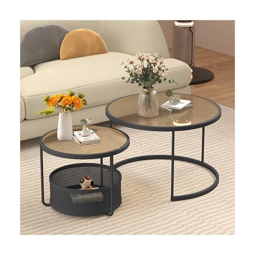 IvyLoutish Nesting Couchtisch für Wohnzimmer, modern, rund, mit Changhong Glas-Tischplatte, Beistelltisch Mitte des Jahrhunderts, stapelbare Beistelltische für Balkon, Schlafzimmer, 2 Stück (schwarz + IvyLoutish Nesting Couchtisch für Wohnzimmer, modern, rund, mit Changhong Glas-Tischplatte, Beistelltisch Mitte des Jahrhunderts, stapelbare Beistelltische für Balkon, Schlafzimmer, 2 Stück (schwarz + von IvyLoutish