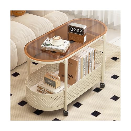 IvyLoutish Ovaler Couchtisch aus Glas für Wohnzimmer, doppellagig, mit Stauraum, kleiner Beistelltisch, Sofatisch, Cocktailtisch für Balkon, Schlafzimmer, Zuhause, Büro (Cremeweiß + Braun, 70 cm) von IvyLoutish