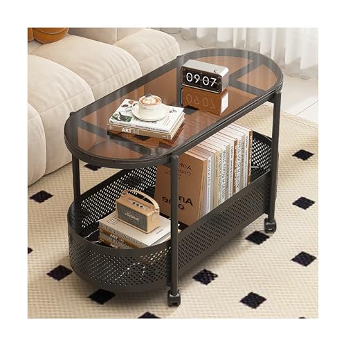 IvyLoutish Ovaler Couchtisch aus Glas für Wohnzimmer, doppellagig, mit Stauraum, kleiner Beistelltisch, Sofatisch, Cocktailtisch für Balkon, Schlafzimmer, Zuhause, Büro (schwarz + braun, 80 cm) von IvyLoutish