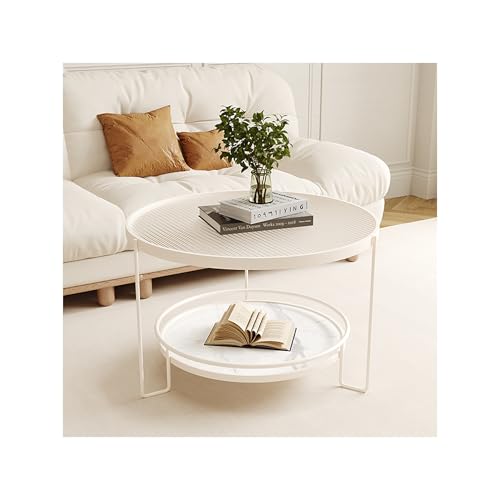 IvyLoutish Runder Couchtisch für Wohnzimmer, rustikal, modern, Beistelltisch, doppellagiger Stauraum, Cocktailtisch für Balkon, Schlafzimmer, Büro (weiß + transparent, 70 cm) von IvyLoutish