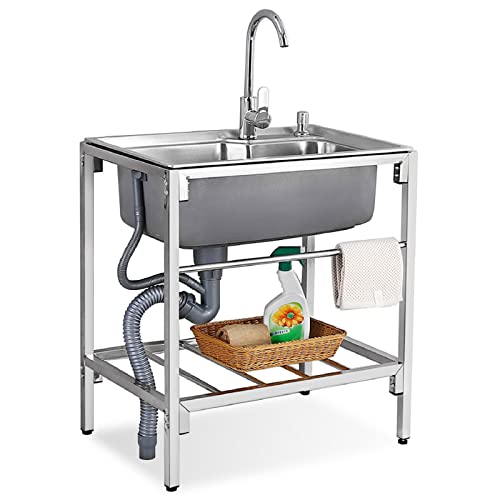IvyLoutish Spüle Edelstahl 1 Becken Mobile Küchenspüle mit Wasserhahn Outdoor Garage Garten Camping Kellerspüle mit Abflusssieb für Küche Werkstatt Bauernhaus Gastronomie von IvyLoutish