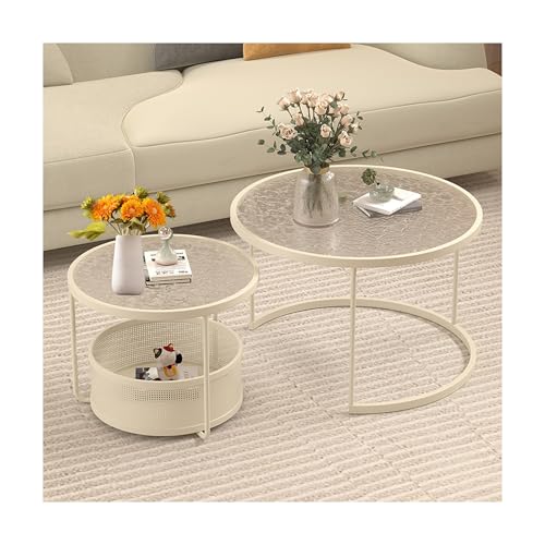 Nesting Couchtisch für Wohnzimmer, modern, rund, mit Changhong Glas-Tischplatte, Beistelltisch Mitte des Jahrhunderts, stapelbare Beistelltische für Balkon, Schlafzimmer, cremeweiß + transparent, 60 Nesting Couchtisch für Wohnzimmer, modern, rund, mit Changhong Glas-Tischplatte, Beistelltisch Mitte des Jahrhunderts, stapelbare Beistelltische für Balkon, Schlafzimmer, cremeweiß + transparent, 60 von IvyLoutish