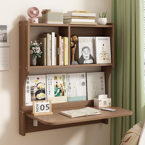 Wandmontierter Schreibtisch mit Regalen, aus Holz, faltbare Hänge-Werkbank mit Staufächern, platzsparend, für Heimbüro, Braun Wandmontierter Schreibtisch mit Regalen, aus Holz, faltbare Hänge-Werkbank mit Staufächern, platzsparend, für Heimbüro, Braun von IvyLoutish