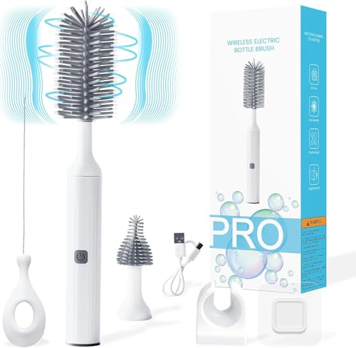 Ivywind Elektrische Babyflaschenbürsten,3-in-1 wasserdichte Silikon-Babyflaschenbürste, Saugerbürste,Strohhalmreiniger,Zwei-Geschwindigkeits-Reinigungsmodus,360° Drehbare,1200 mAh (Grau) von IvyWind