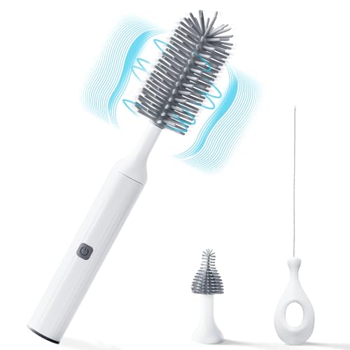 Ivywind Elektrische Babyflaschenbürsten,3-in-1 wasserdichte Silikon-Babyflaschenbürste, Saugerbürste,Strohhalmreiniger,Zwei-Geschwindigkeits-Reinigungsmodus,360° Drehbare,1200 mAh (Grau) von IvyWind