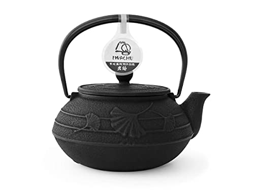 Iwachu Teekanne Gusseisen. Japanische Kyusu Ginkgo Original, Schwarz 650ml, 0,65 Liter Siebeinsatz Edelstahl. Innen Emailliert, alle Teesorten von Iwachu