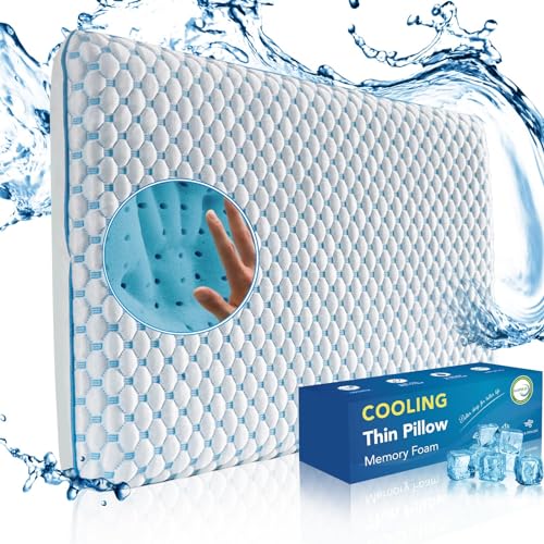 Iwacool Ultradünnes kühlendes Memory-Foam-Kissen für Seiten- und Rückenschläfer/flaches 8,3 cm Bauchschläferkissen mit weichem Bezug, waschbar, orthopädisches Kissen 40 x 60 x 8 cm zum Schlafen von Iwacool