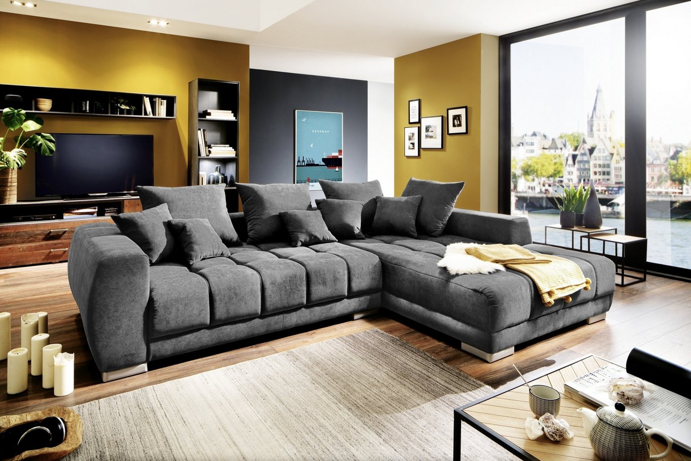 Iwaniccy Wohnlandschaft 8 Kissen, Waffelsteppung, Strukturstoff anthrazit - 300x86x215 (BxHxT) von Iwaniccy