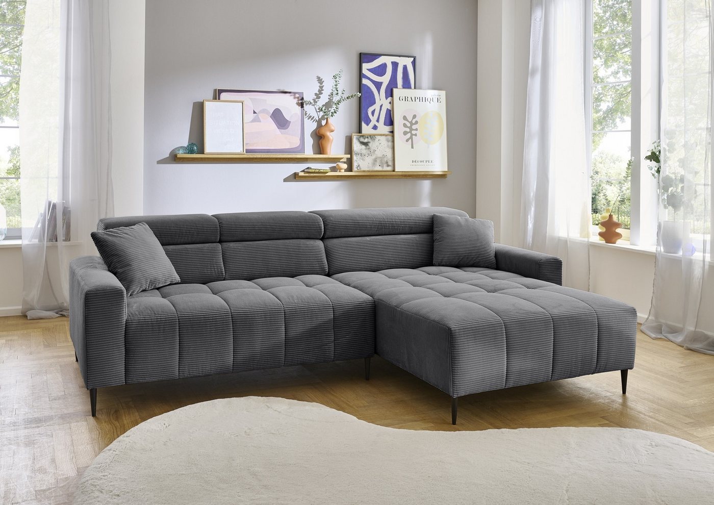 Iwaniccy Wohnlandschaft elektr. Sitztiefenverstellung, Cord grau - 256x100x180cm (BxHxT) von Iwaniccy