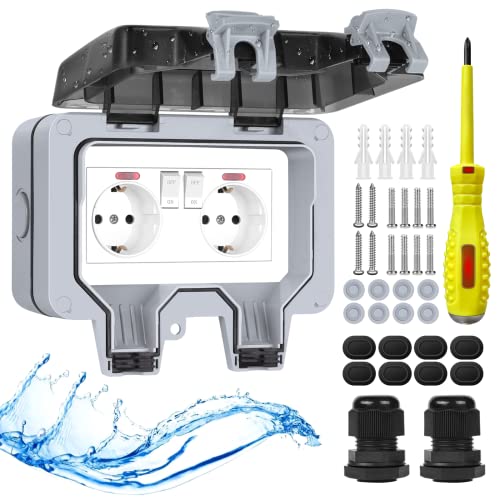 Tief Aussensteckdose Wasserdichte Steckdose IP66 mit Schalter Kontrollleuchte,Wetterfest Außensteckdose Aufputz Outdoor Steckdose Garten Wandsteckdose mit Abschließbaren Klappdeckel-Doppelsteckdose DE von IweSupar
