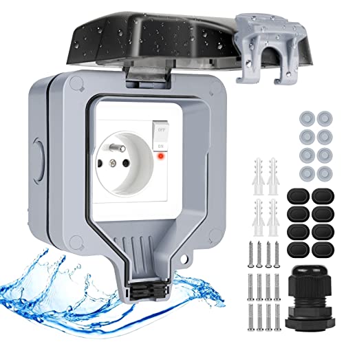 2022 Aussensteckdose Wasserdichte Steckdose IP66 mit Schalter Kontrollleuchte,Wetterfest Außensteckdose Aufputz Outdoor Steckdose Garten Wandsteckdose mit Abschließbaren Klappdeckel-Einzelsteckdose FR von IweSupar