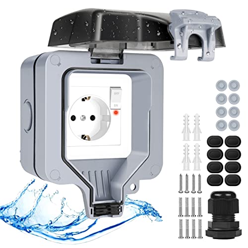 Tief Aussensteckdose Wasserdichte Steckdose IP66 mit Schalter Kontrollleuchte,Wetterfest Außensteckdose Aufputz Outdoor Steckdose Garten Wandsteckdose mit Abschließbaren Klappdeckel-Einzelsteckdose DE von IweSupar